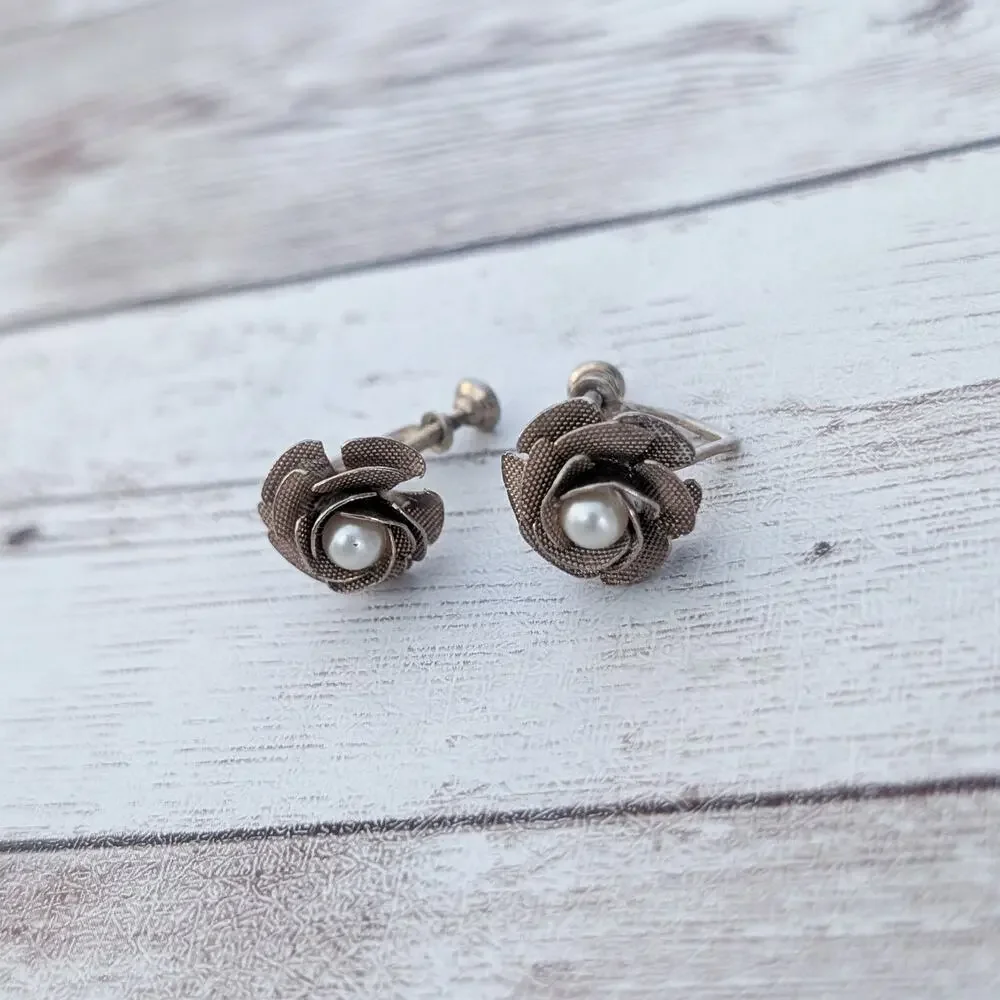 Vintage Screw Back Earrings Brass Tone Flower - One is Bent